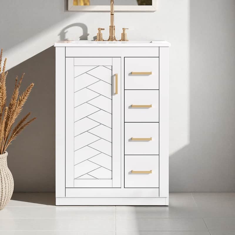 24-Inch Bathroom Vanity with Sink, Modern Solid Wood and MDF Cabinet with 1 Door and 3 Drawers for Small Bathroom - White