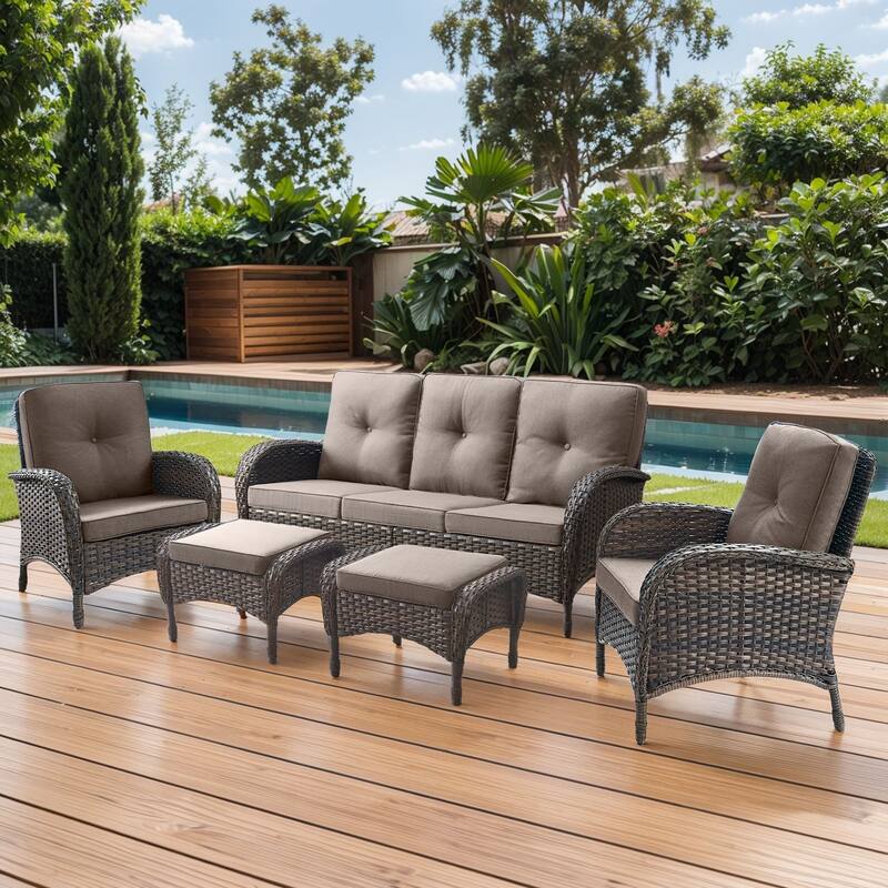 Gymojoy 5-Piece Outdoor Wicker Patio Furniture with 3 Seat Sofa, Rattan Coversation Set with Water Resistant Cushions