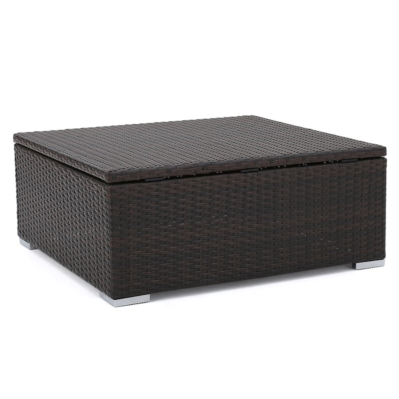 Roomfitters Outdoor Storage Coffee Table, All-Weather Rattan Patio Deck Box with Lift-Top Lid for Garden or Porch, Brown