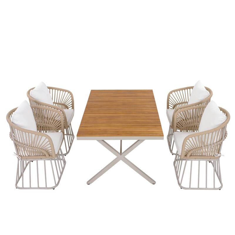 Christopher Knight Home - Outdoor Acacia Wood and Steel Dining Set with Wicker Weave Chairs & 55.12" Rectangular Dining Table