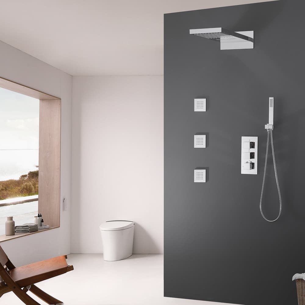 Modland High-pressure Square Thermostatic Rainfall Shower System with HandheldShower & 3 Massaging Jets