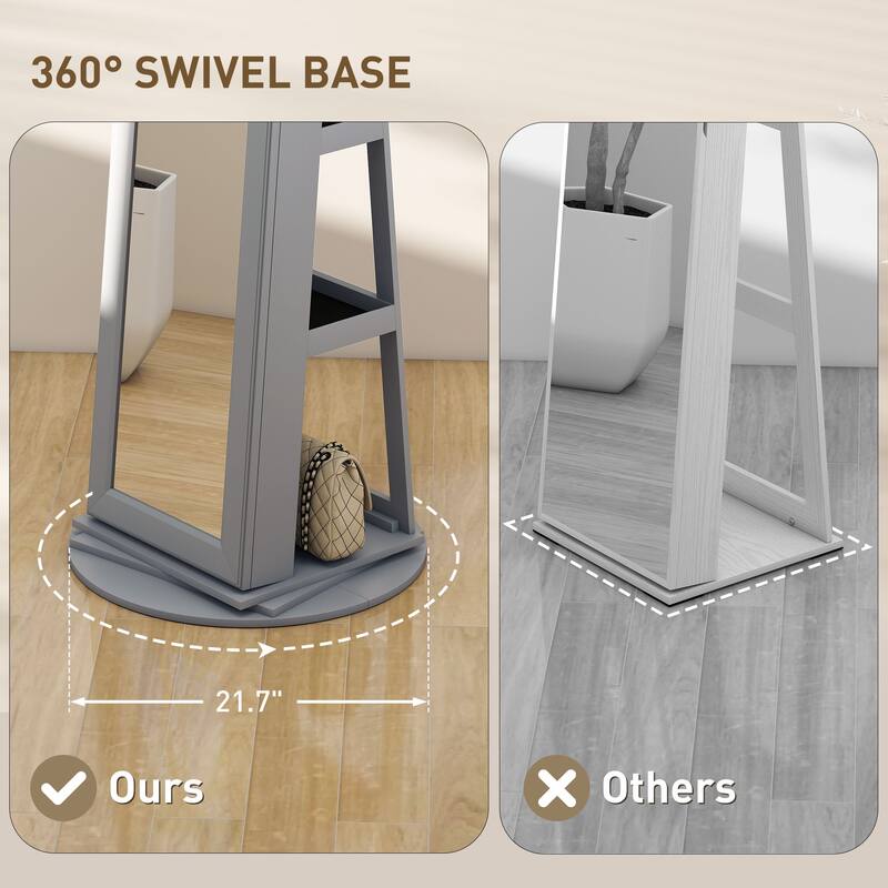 Full-Length Mirror Jewelry Cabinet Rotating Base With Storage - 21.7" W x 21.7" D x 63.4" H