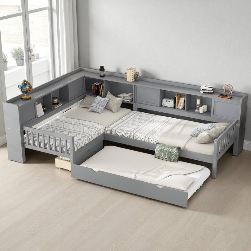 L-Shaped Twin Platform Bed with Trundle, Solid Wood Corner Bed Frame with Drawers and Shelves, No Box Spring Needed