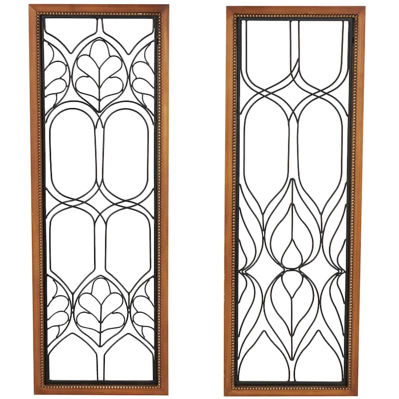 Metal Geometric Wire Cutout Home Wall Decor with Beaded Accents and Brown Wood Frames - Set of 2 Black - Roche River Decor