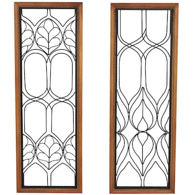 Metal Geometric Wire Cutout Home Wall Decor with Beaded Accents and Brown Wood Frames - Set of 2 Black - Roche River Decor