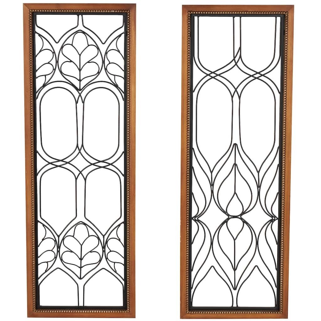 Metal Geometric Wire Cutout Home Wall Decor with Beaded Accents and Brown Wood Frames - Set of 2 Black - Roche River Decor