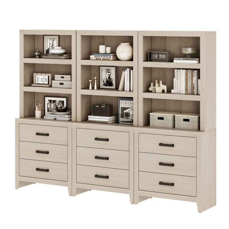3-Tier Bookshelf with 3 Large Drawers, 74" Tall Farmhouse Bookcase with Wide Metal Handles, for Living Room, Office, Library