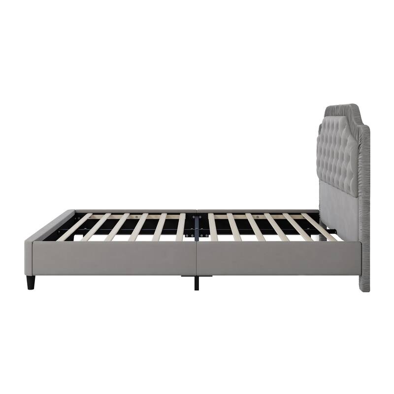 Queen Size Upholstered Velvet Bed with Ruched and Button-Tufted Headboard