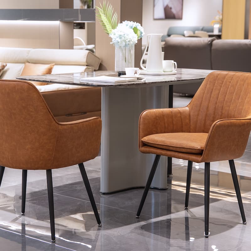 Faux Leather Dining Chair Set of 2 - Modern Mid-Back Accent Chairs with Gold Plating Legs - Upholstered Chairs (Set of 2)
