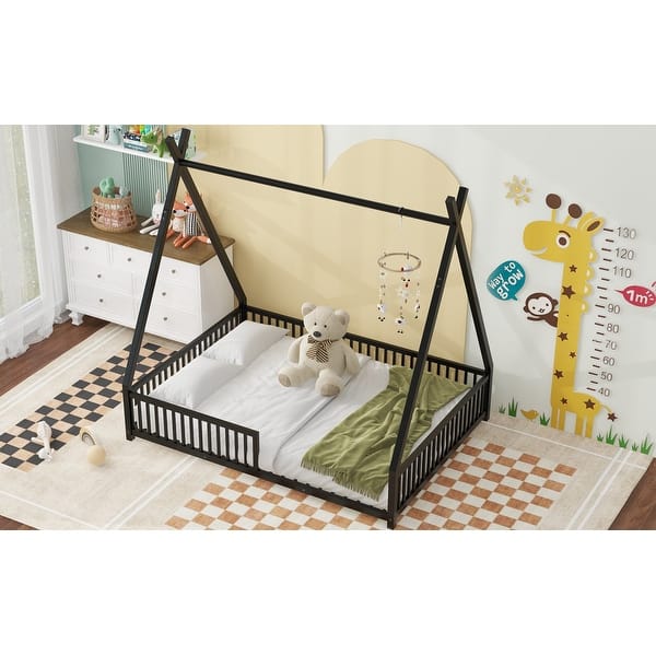 dimension image slide 2 of 4, Metal Full Size House Platform Bed with Triangle Structure, Contemporary Style Kids Bed Frame with Guardrail for Bedroom, Black