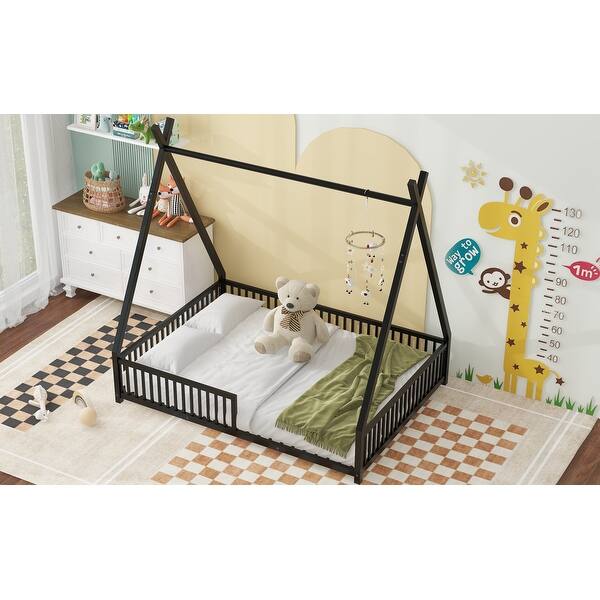 dimension image slide 3 of 5, Metal Full Size House Platform Bed with Triangle Structure, Contemporary Style Kids Bed Frame with Guardrail for Bedroom, White