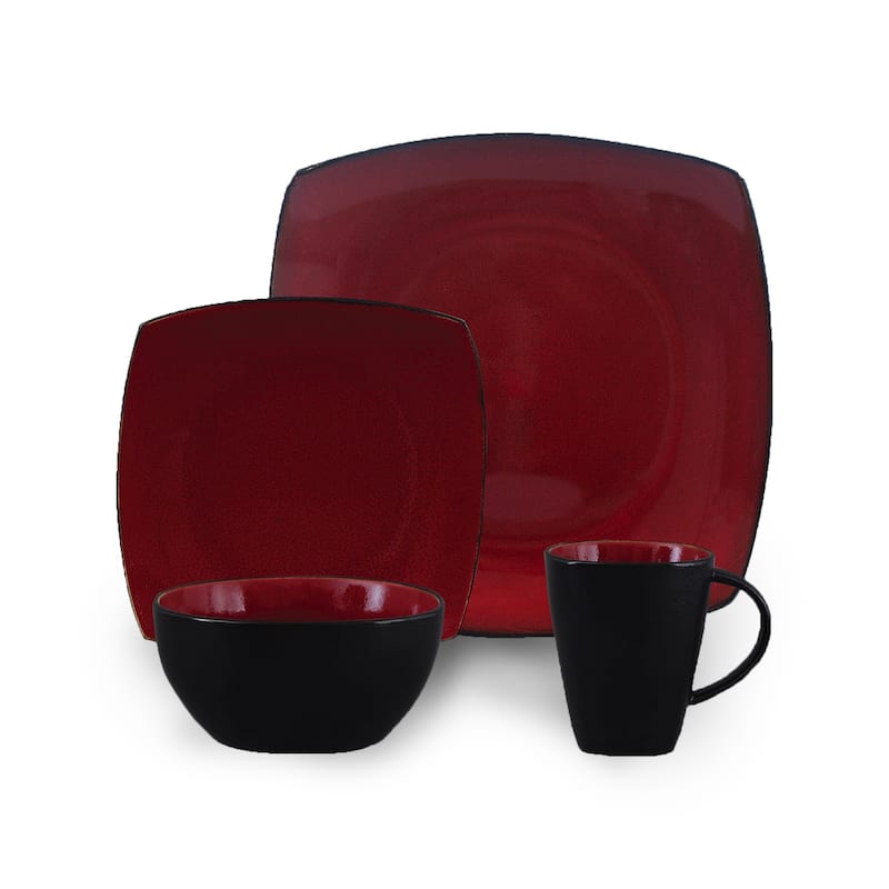 Modena Hideaway 16 Piece Soft Square Dinnerware Set in Black and Red