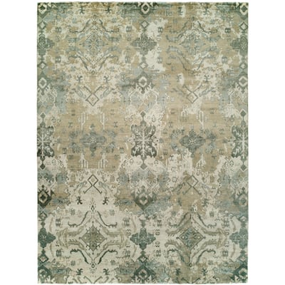 Transitional Beige Hand-Knotted Viscose Area Rug