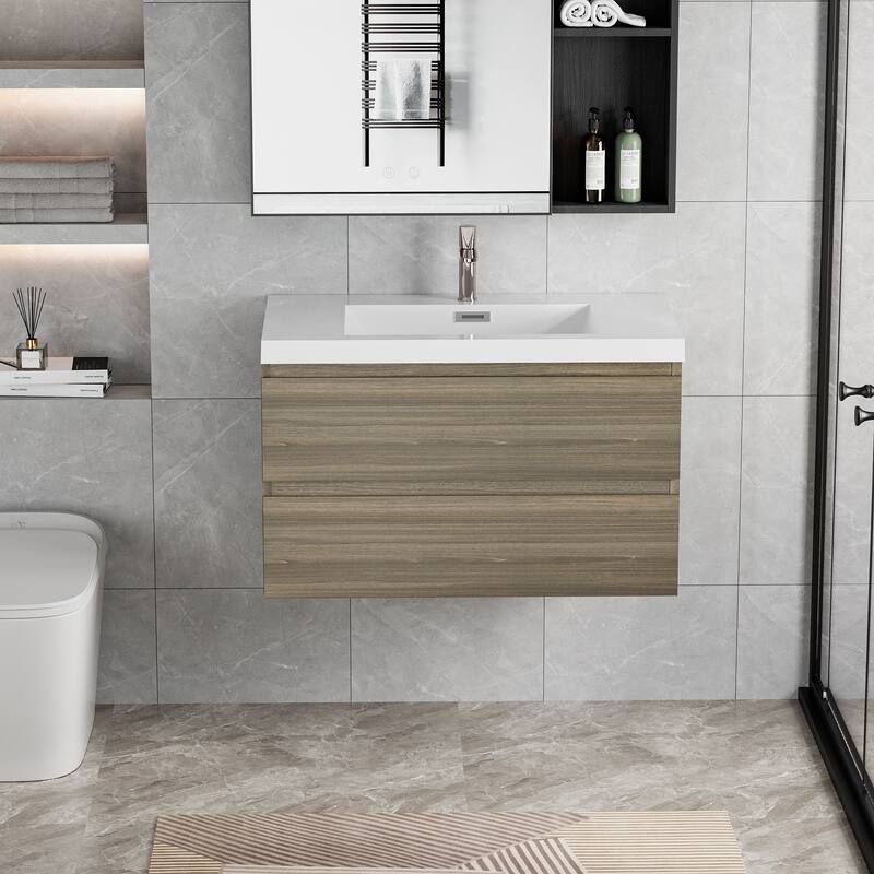 36" Wall-Mounted Floating Bathroom Vanity with Glossy White Resin Sink, Soft Close Drawers, Natural Oak Cabinet - 35.43in L Wood - 35.43in L Grey