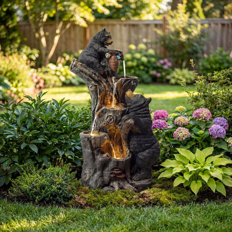 Vbal Resin Bears and Honeycomb 4-Tier water extraction Outdoor Fountain with LED Light
