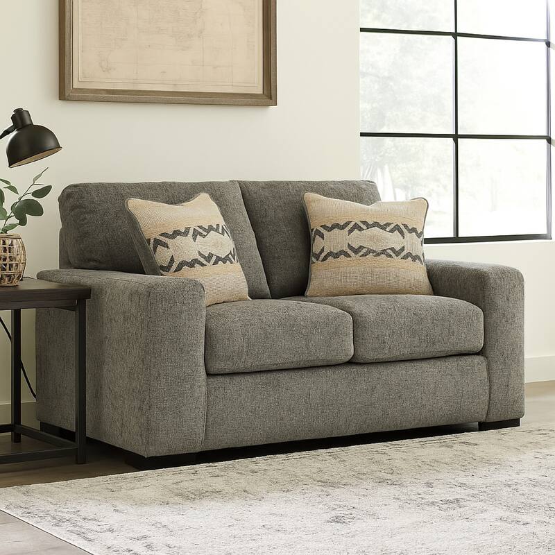 Mord Loveseat, 71 Inch Soft Light Gray Polyester, 2 Throw Pillows