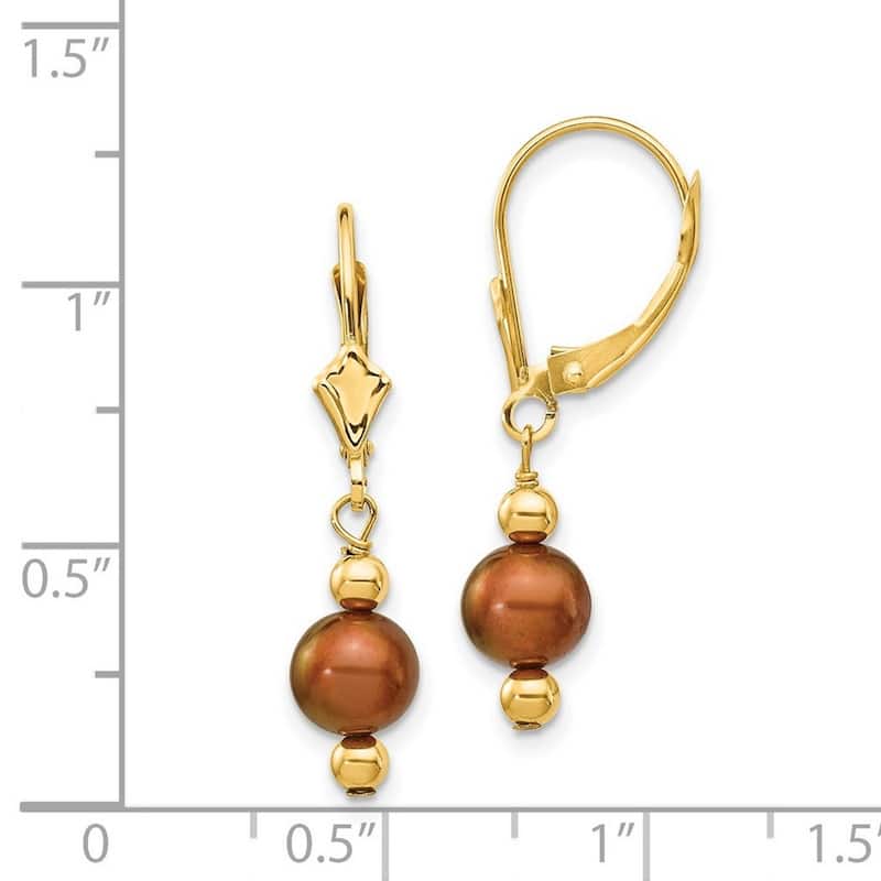 Curata 14k Yellow Gold 30x5mm Brown Freshwater Cultured Pearl and Bead Leverback Dangle Earrings