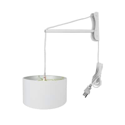 MAST Plug-In Wall Mount Pendant, 2 Light White Cord/Arm with Diffuser, White Linen Shade 18x18x10