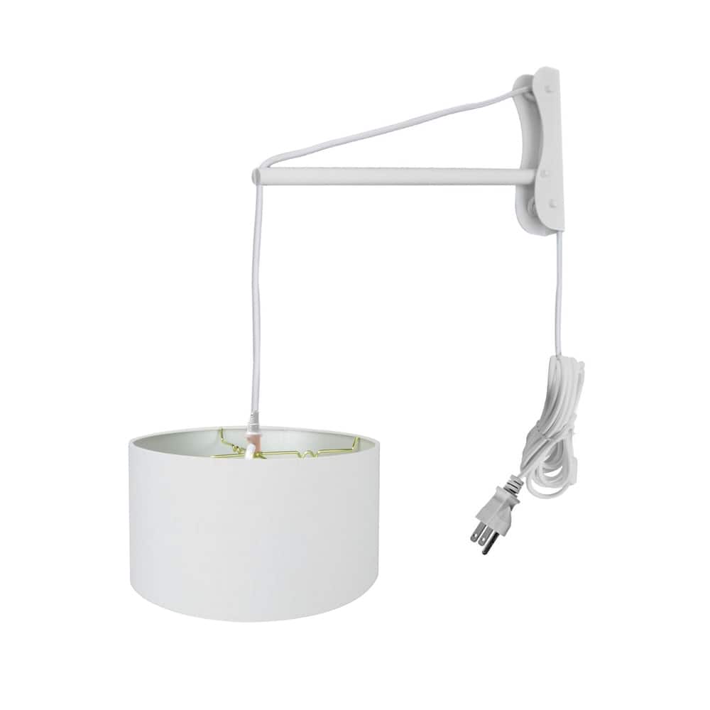 MAST Plug-In Wall Mount Pendant, 2 Light White Cord/Arm with Diffuser, White Linen Shade 18x18x10