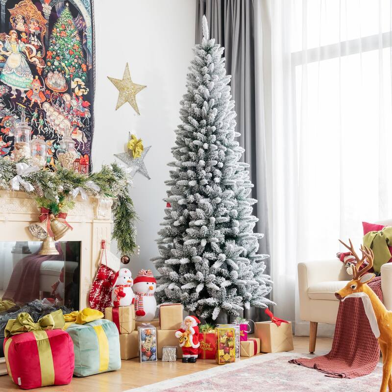 7.5ft Snow-Flocked Hinged Artificial Christmas Pencil Tree w/ 1189