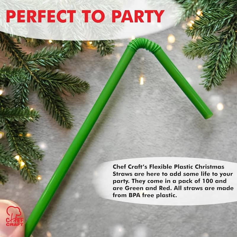 Chef Craft Flexible Plastic Christmas Colors Drinking Straws, 100 pack Green and Red