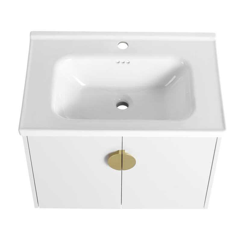 Wall-Mounted Bathroom Vanity with Ceramic Basin, Soft-Close Doors, and Customizable Metal Handles