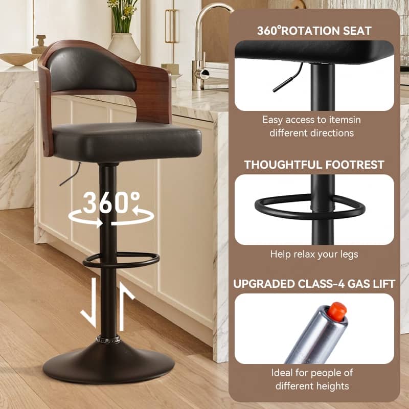 Swivel Bar Stools Set of 2 Seat Adjustable Height 24.5-33.5IN, Wooden Barstools PU Leather Upholstered Bar Chairs