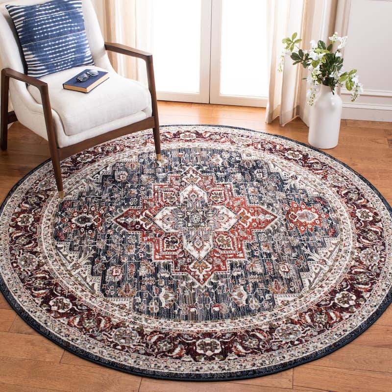 SAFAVIEH Herat Kara Traditional Rug - 6'7" Round - Navy/Red