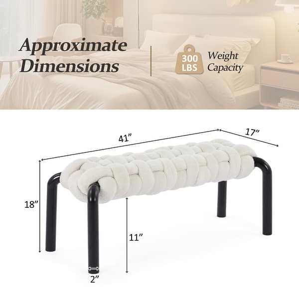 dimension image slide 2 of 5, Christopher Knight Home - Teddy Braided Upholstered Bench with Black Metal Legs End-of-Bed Seating