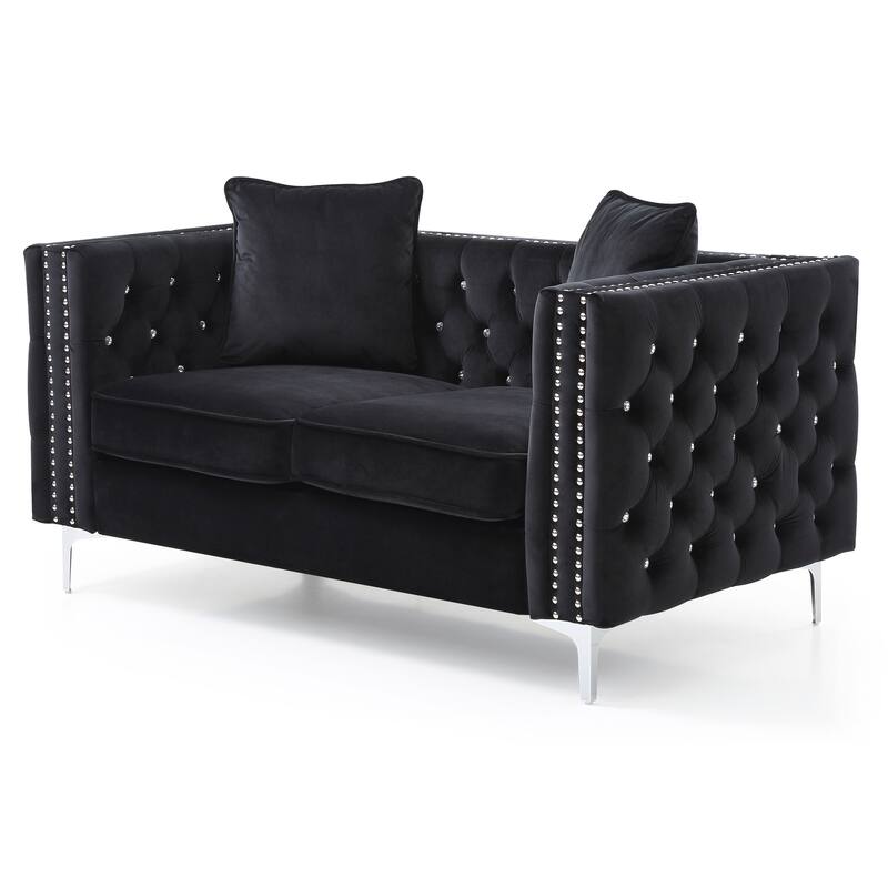 Soft Velvet Jeweled Buttoned Tufted Loveseat with Chrome Plated Legs