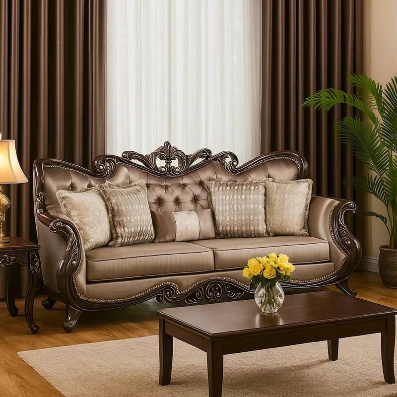 Aboi Sofa w 5 Pillows, Brown Velvet, Carved Dark Cherry Wood, 95 Inch