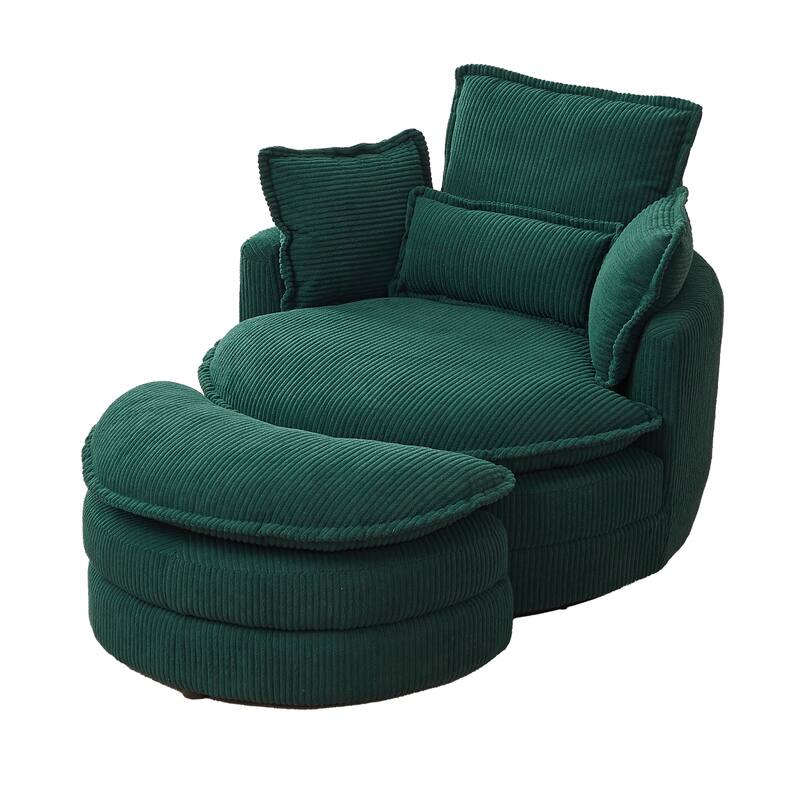 38"W Oversized Swivel Chair with Moon Storage Ottoman, 4 Pillows - Green