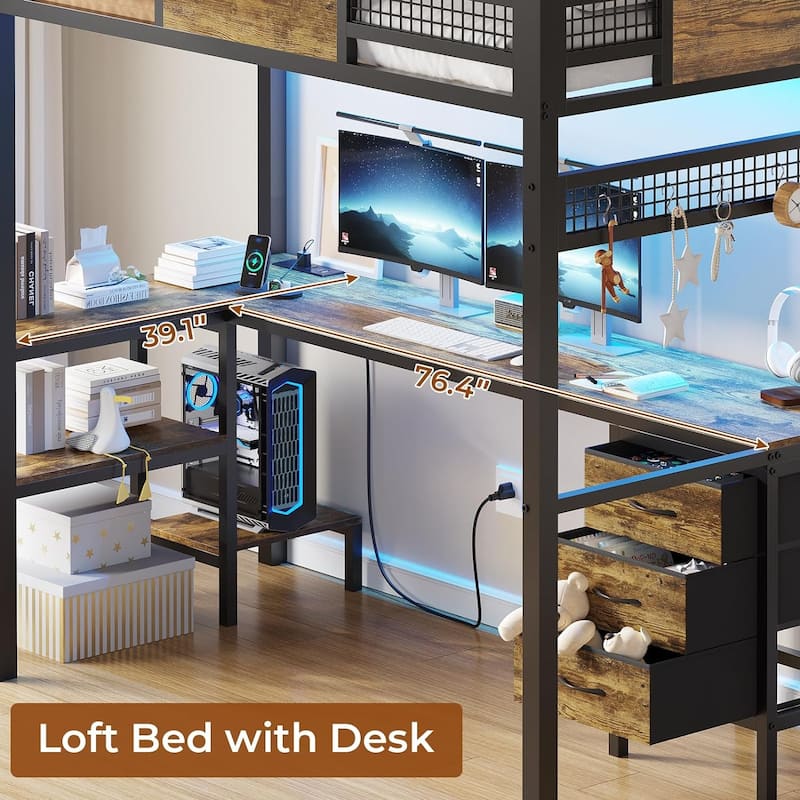 Loft Bed with Desk Gaming Bunk Bed LED Lights Charging Station