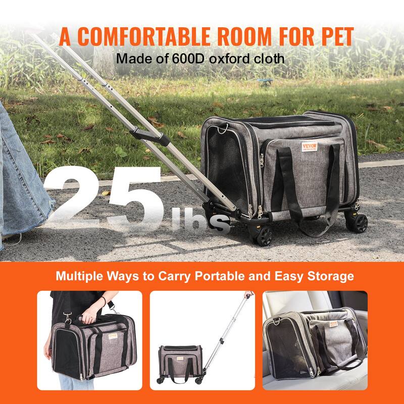 VEVOR Cat Carrier with Wheels Rolling Pet Carrier with Telescopic Handle and Shoulder Strap