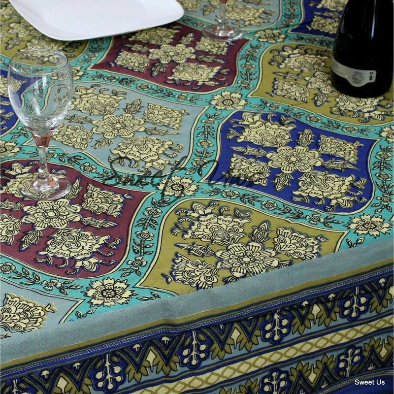 Heavy Cotton Floral Diamonds Tablecloth Rectangle Blue Gold