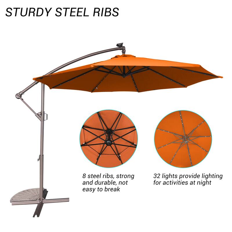 Clihome 10Ft Solar Light Crank Cantilever Patio Umbrella Without Base