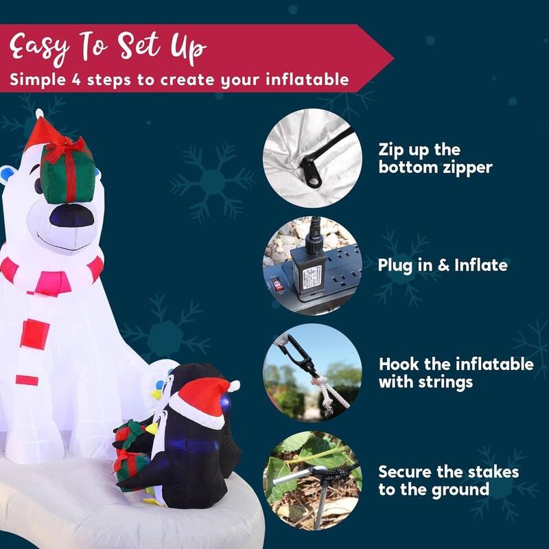 6 FT Long Christmas Inflatable Polar Bear and Penguin with Campfire Decoration, Blow Up Inflatable with Build-in LEDs - White