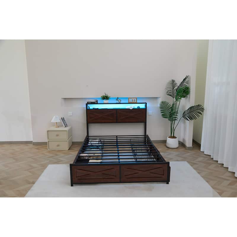 Full Bed Frame with Storage Drawers, Charging Station, RGB LED Lighting, Easy Assembly, Durable Metal Construction