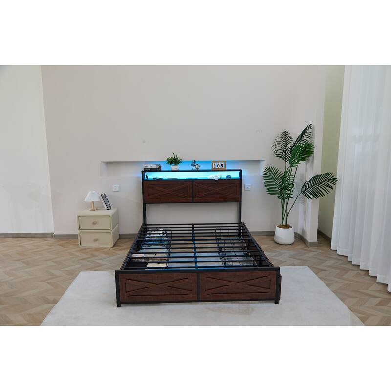 Full Bed Frame with Storage Drawers, Charging Station, RGB LED Lighting, and Headboard Shelf - No Box Spring Needed