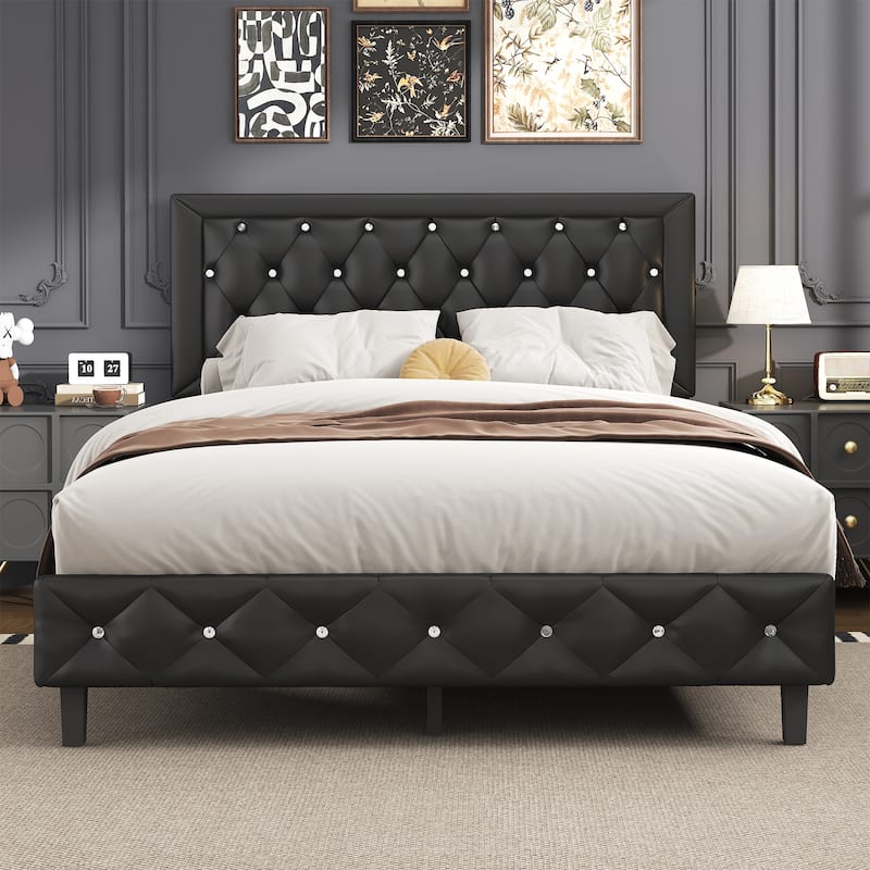 Diamond Tufted Queen Size Bed Frame – Faux Leather & Velvet Options with Button Tufted Headboard, Under-Bed Storage