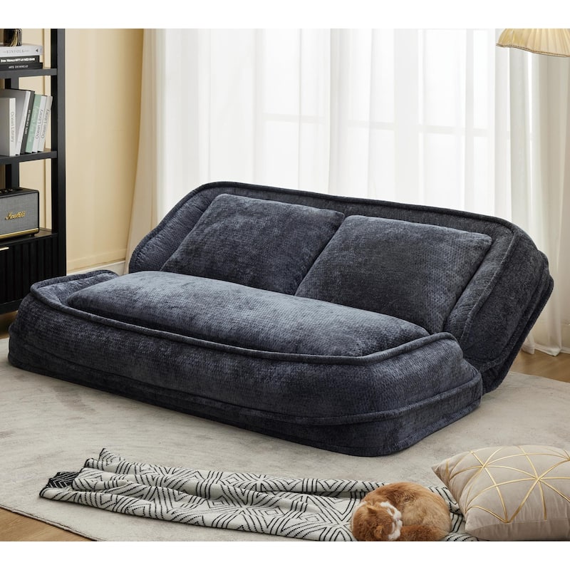 Pet Friendly Lazy Loveseat Sofa 2-in-1 Chenille Floor Couch Double Human Sleeper Bed with 5 Adjustable Position, Plump Pillows