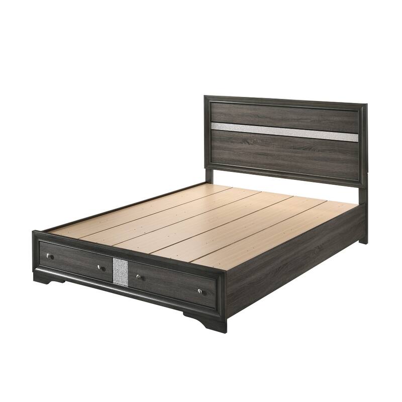 Platform Wooden Queen Size Bed with Silver Trim Accents and 2 Drawers, Gray
