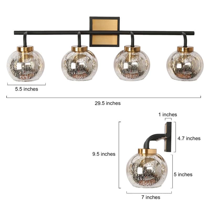 Ziv Black Gold 4-Light Modern Bathroom Vanity Light with Mercury Glass Shades - 29.5" L x 7" W x 9.5" H