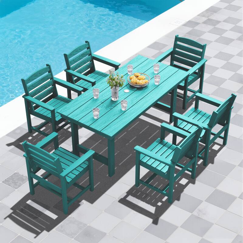 7-Piece HDPE Outdoor Dining Table Sets with Umbrella Hole - 1-Table 6-Chairs