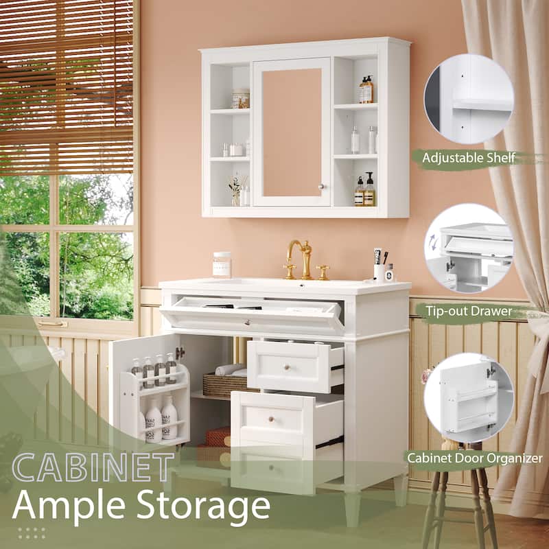 Freestanding Bathroom Vanity & Wall Mounted Mirror Cabinet Set with Resin Sink, Open Shelves, Drawers and Adjustable Shelves