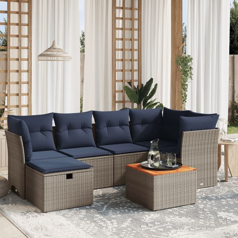 vidaXL Patio Sofa Set with Cushions Outdoor Furniture 7 Piece Poly Rattan - Gray - 24.4" x 24.4" x 27.2"