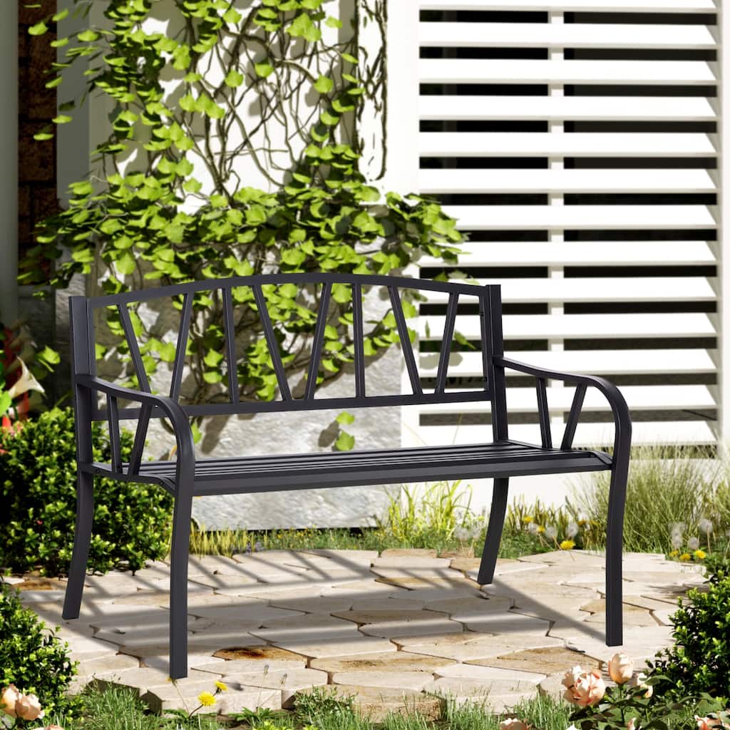 Outsunny 2-Seater Garden Bench Solid Metal Loveseat Outdoor Furniture for Patio w/ Decorative Backrest & Ergonomic Armrest