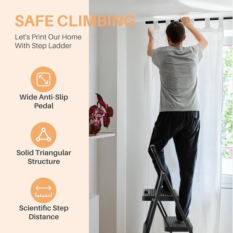 2 Step 3 Step Ladder, Foldable Step Stool Ladder with Anti-Slip Pedal, Sturdy Folding Step Tool, Black