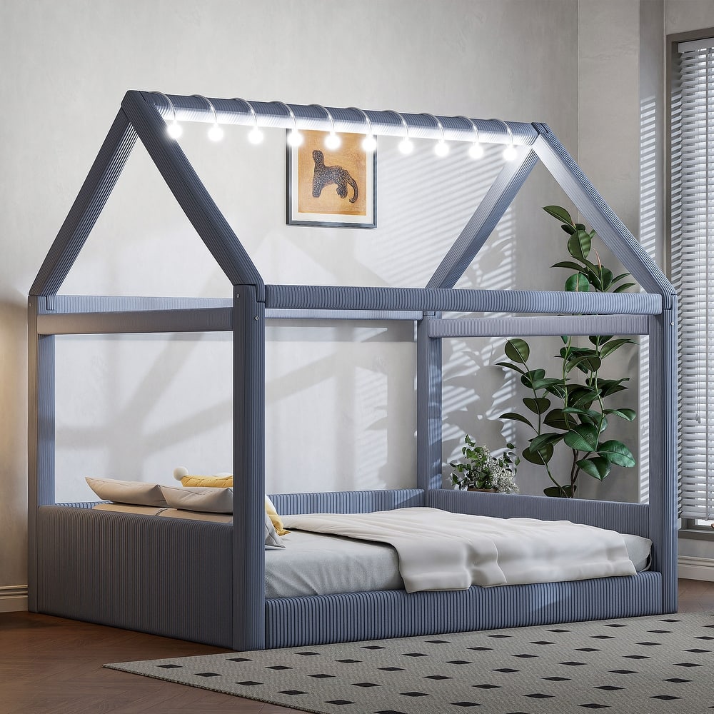 Full Size Upholstered Bed Frame Floor Daybed House Bed with House Roof LED Light Strips and Wood Slat Support for Childrens Room