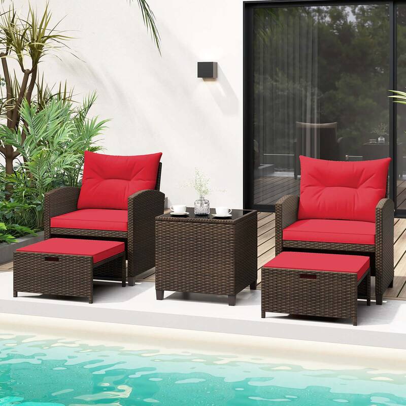 Costway 5 Piece Patio Rattan Furniture with 2 Ottomans & Tempered - See Details - Red
